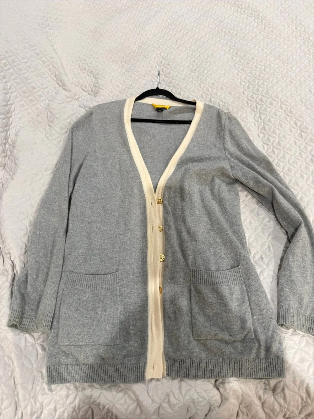 St.John Light Gray V-Neck Button Cardigan with Cream Trim